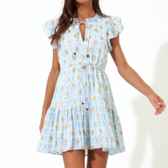 Oliphant Dresses Oliphant Cinched Flirty Dress In Blue Veil Pattern